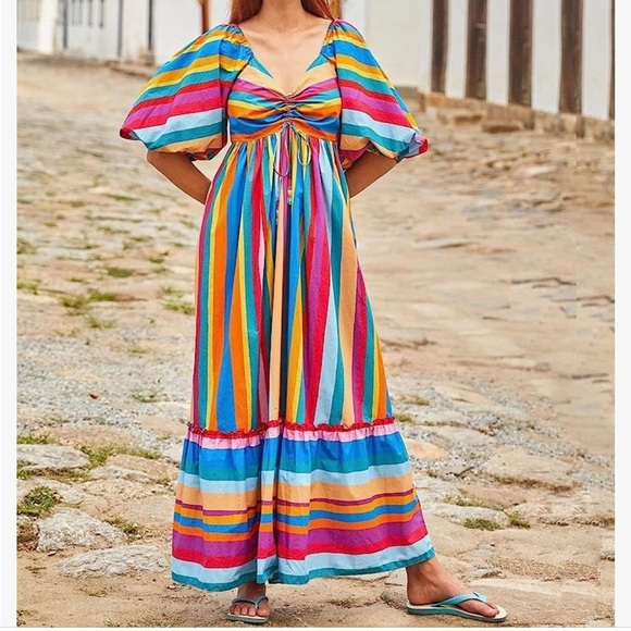 Farm rio large striped rainbow puffy sleeve dress. - Picture 1 of 12